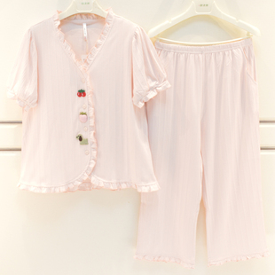 家居服 安之伴睡衣夏季 新品 女士新品 纯棉针织日系甜美可爱V领短袖