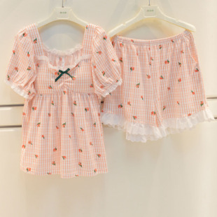 套 短裤 安之伴睡衣2026夏季 女士针织纯棉淑女简约田园风带胸垫短袖