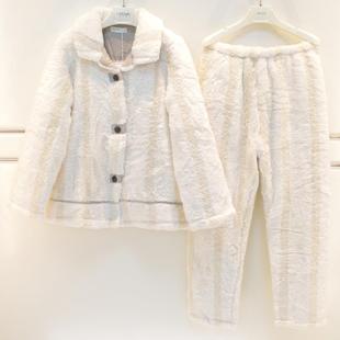 雪尔绵睡衣2026冬季女士法兰绒三层加厚夹棉竖条保暖宽松家居服套