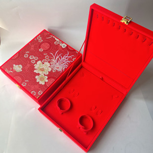 高档订婚三金五金首饰盒结婚礼红绒婚庆龙凤喜锦布黄金首饰套装盒