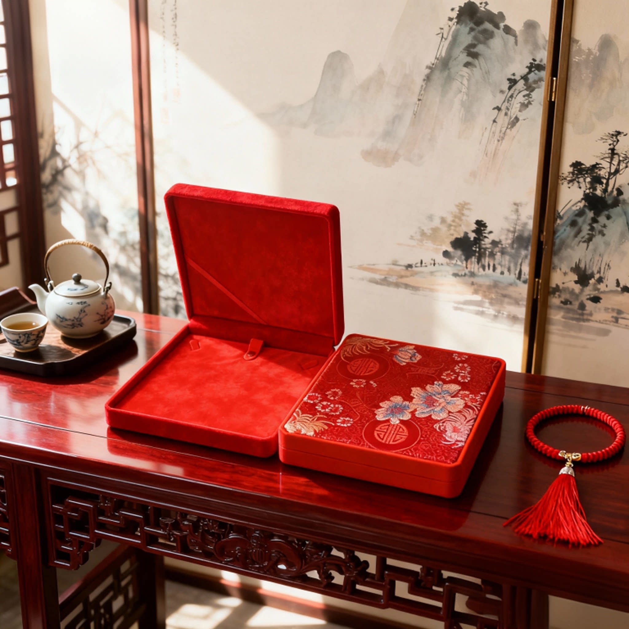 红锦缎项圈礼盒套装 宝宝金饰收纳礼赠 满月周岁国风爆款礼