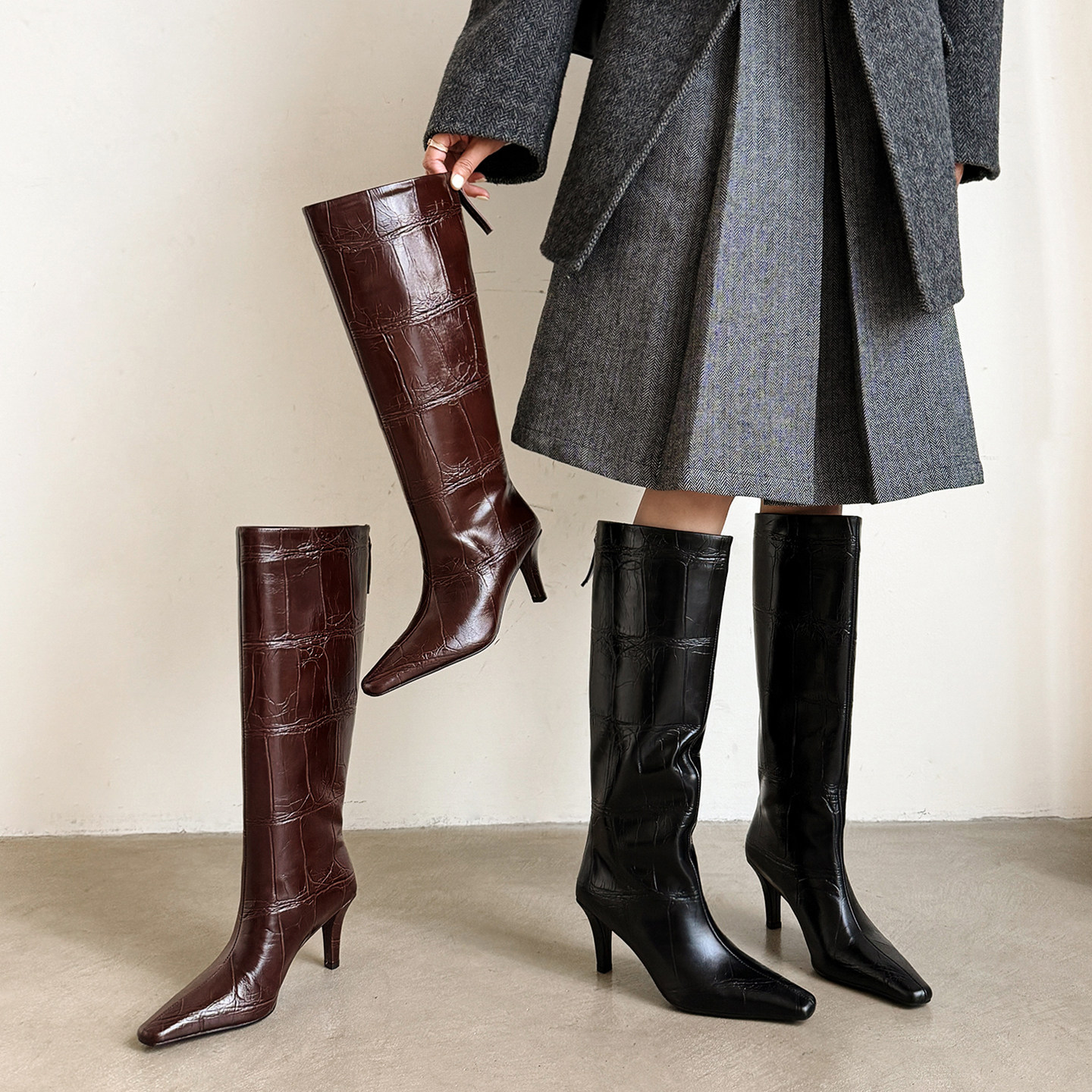 头层牛皮个性压纹牛皮尖头显瘦长靴女2025年真皮猫跟瘦瘦靴直筒靴,女鞋,时装靴,淘宝优惠券,粉丝福利购,淘宝优惠卷