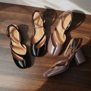 紫色 脚环一字带粗跟凉鞋女高跟猪蹄tabi分趾珠光牛皮时装女鞋子