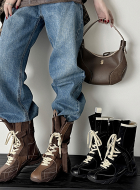 张小斐吴宣仪同款27QUAI 牛皮猎装拳击靴可可棕牛皮中筒短靴女靴