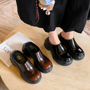 狂野分子厚底包头拖鞋女外穿时尚一脚蹬半拖真皮轻便拖鞋增高凉鞋