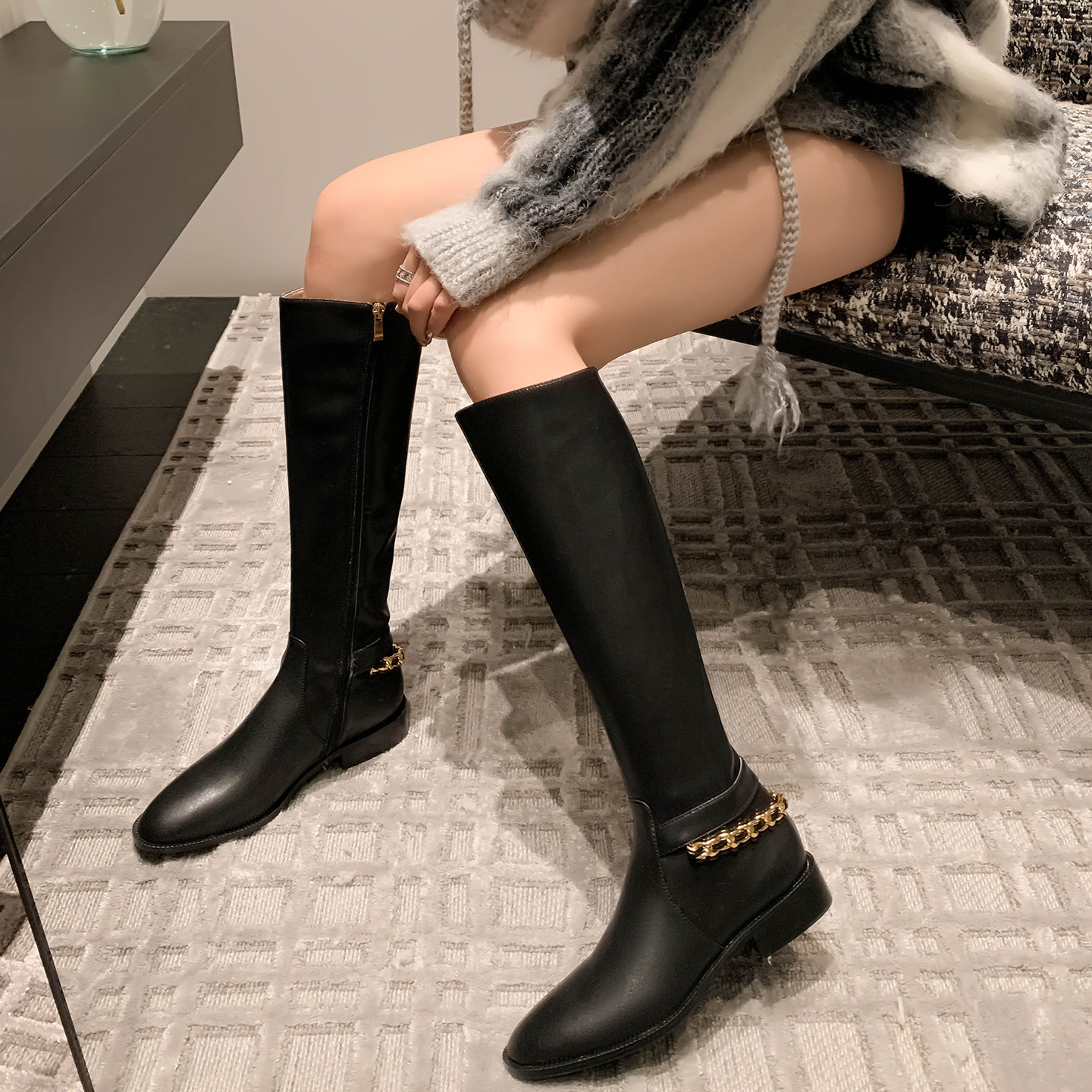 小香风长靴女2025秋款链条厚底小个骑士靴不过膝真皮粗腿显瘦靴子,女鞋,骑士靴,淘宝优惠券,粉丝福利购,淘宝优惠卷