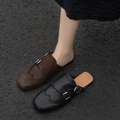 高货胎牛皮半拖Blake缝线匠心雕花学霸孟克真皮布洛克外穿拖鞋 女