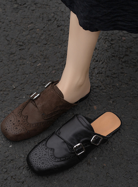 高货胎牛皮半拖Blake缝线匠心雕花学霸孟克真皮布洛克外穿拖鞋女