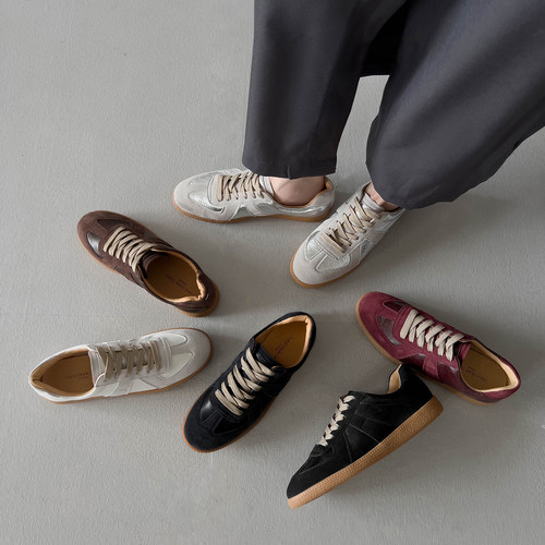 银色做旧德训鞋女2025年新款小众牛皮复古板鞋真皮运动休闲鞋女鞋