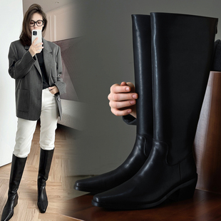 头层牛皮肯豆长靴全真皮御姐尖头粗高跟中高筒靴骑士靴女 现货