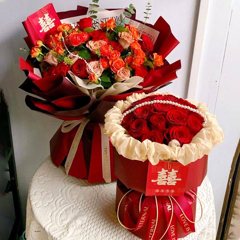 昆明花店 昆明鲜花同城 19朵红玫瑰小香风喜字款 生日 婚庆两件款