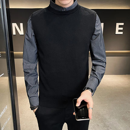 衬衫领假两件套毛衣男秋季2025新款拼接针织衫英伦风修身秋装上衣