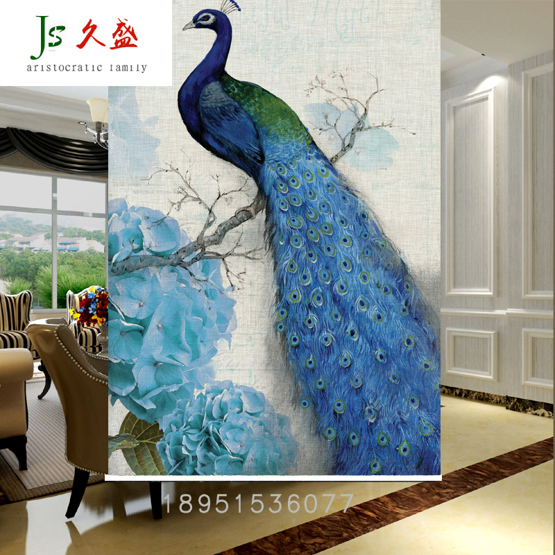 油画卷帘 蓝色孔雀窗帘 客厅装饰挂画 房间门帘 精美玄关隔断遮光