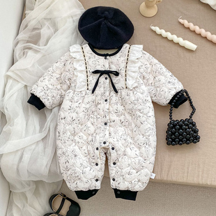 女宝宝冬装 ins碎花洋气棉服抱抱外出婴儿夹棉爬服 加绒连体衣韩版