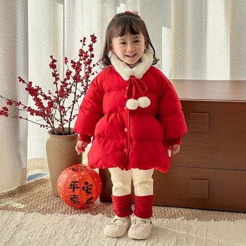 女宝宝冬装外套时尚红色棉服新年