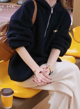 PKH.HK特冬季新每年都会反复穿的慵懒厚暖羊毛拉链背帽宽松大毛衣