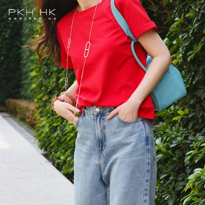 PKH.HK 特夏季新品 红粉俩色都美提气色的造型翻袖圆领短袖T恤