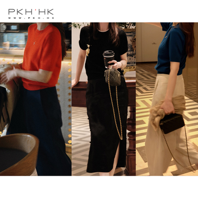 精致撞白色领边羊绒混纺短袖针织