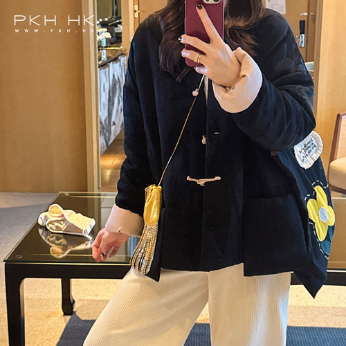 PKH.HK特冬温暖返场过年小贵气配色敲美新中式醋酸缎盘扣棉服外套