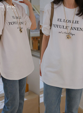 PKH.HK特2025冬新贯穿秋毛衣卫衣层叠圆弧下摆磨毛打底字母白T恤