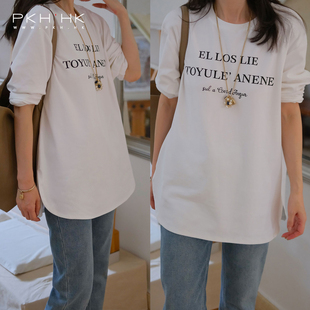 PKH.HK特2025冬新贯穿秋毛衣卫衣层叠圆弧下摆磨毛打底字母白T恤