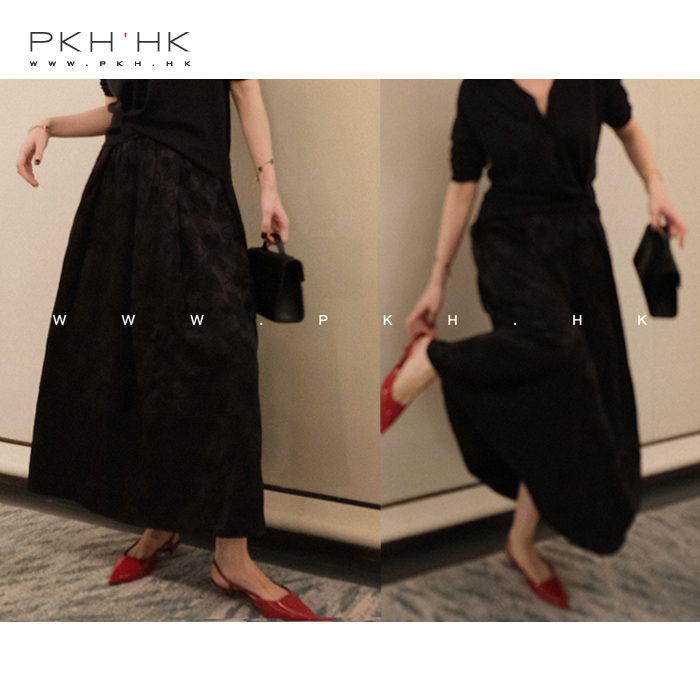 PKH.HK特2024春夏新时髦美感提花黑色大梨子友好拼接下摆伞裙半裙 女装/女士精品 半身裙 原图主图