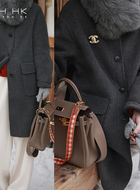 PKH.HK特冬新气质长期主义毛织立领拼接山羊绒羊毛中长双面呢大衣