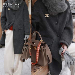 PKH.HK特冬新气质长期主义毛织立领拼接山羊绒羊毛中长双面呢大衣