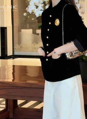 PKH.HK特 春上新 自留有品时髦精致黑色丝绒点睛小金扣西装外套