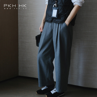 PKH.HK特BI入大梨子文艺时髦贯穿冬季 细细条羊毛呢锥形宽松九分裤