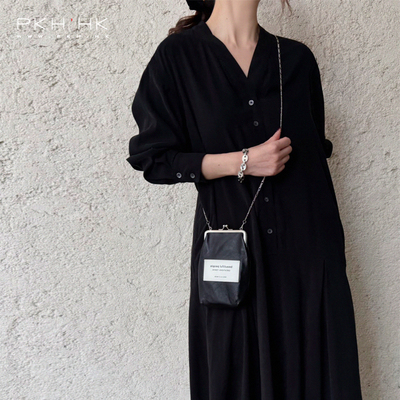 PKH.HK特 日系时髦腔调小众设计铜氨V领不规则下摆连衣裙