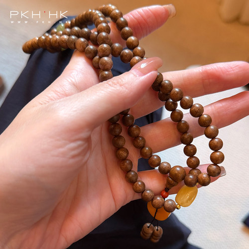 PKH.HK特 素木沉香|天然净心禅意108颗念珠蜜蜡和田玉18K包金手串