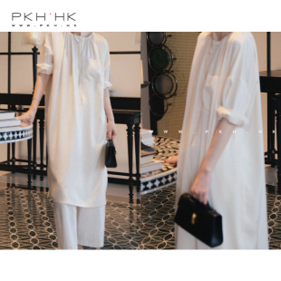 PKH.HK特春夏私服时髦叠穿配裤简约小众气质感中长圆领系带连衣裙