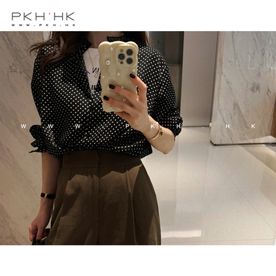 系带领前后两穿波点衬衣通勤宽松