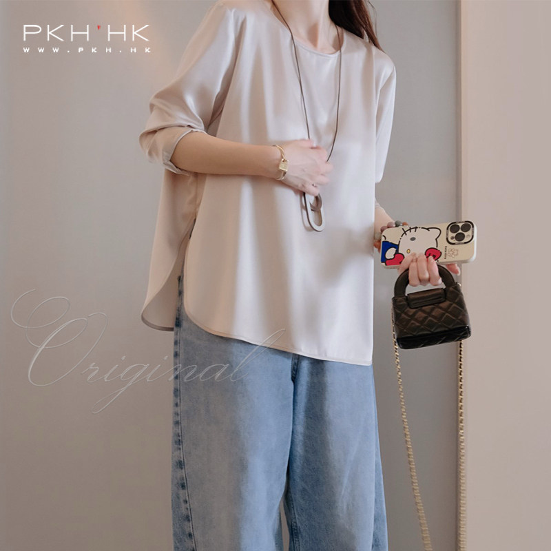 PKH.HK 特夏季 文种草日杂轻熟通勤敲美醋酸光泽缎面简洁圆领上衣