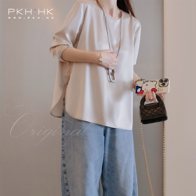 PKH.HK 特夏季 文种草日杂轻熟通勤敲美醋酸光泽缎面简洁圆领上衣
