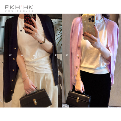 全新色羊毛针织衫金扣V领