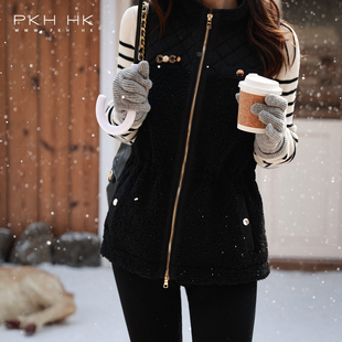 PKH.HK特冬收官私服时髦小贵气可收腰温暖泰迪绒缝衍夹棉中长马甲