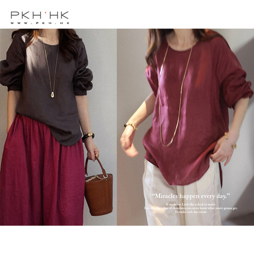 PKH.HK 特 新品 时髦文艺敲美色彩亚麻宽松圆领上衣衬衣衬衫