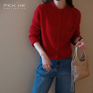 PKH.HK特冬新品 好美好美圣诞红深宝蓝温暖浣熊绒厚羊毛开襟毛衣