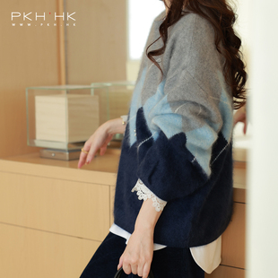 PKH.HK特冬季新品温暖复古经典北欧菱格纹羊毛羊绒拉毛宽松大毛衣