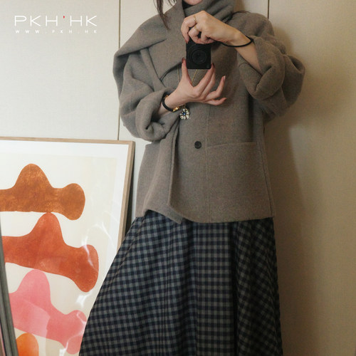 羊毛双排扣围巾造型短大衣外套