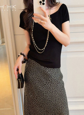 PKH.HK特 夏新白皙气质露锁骨刚刚好天丝修身短袖针织上衣T恤