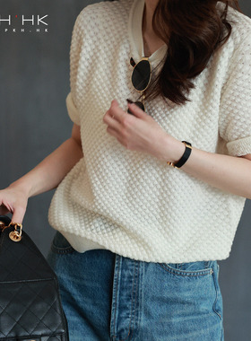 PKH.HK特春上新三色简约时髦温柔气质立体软糯美利奴羊毛短袖针织