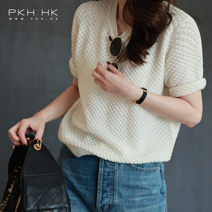PKH.HK特春上新三色简约时髦温柔气质立体软糯美利奴羊毛短袖 针织