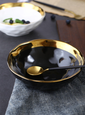欧式轻奢复古金边哑光陶瓷碗米饭碗面碗汤碗点心水果沙拉碗菜碗