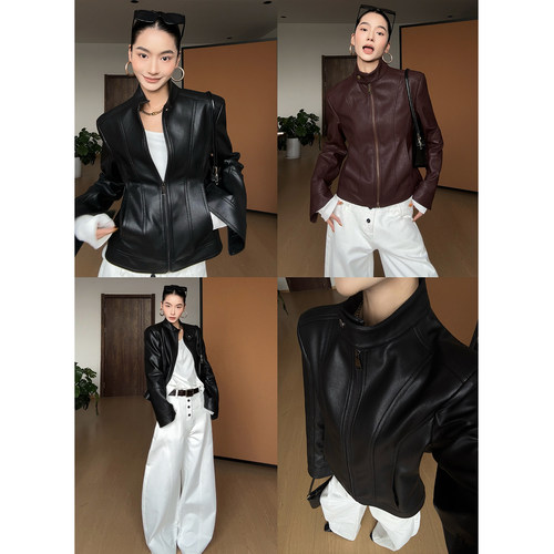 CIZZLEMORE【心向旷野】立领收腰皮衣女鱼骨压线收腰显瘦短款外套