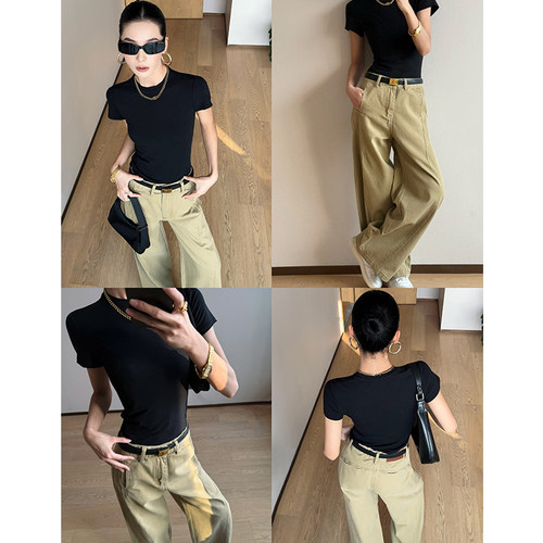 CIZZLEMORE 设计感紧身短袖百搭经典纯色上衣显瘦小版黑色T恤女