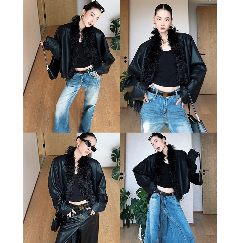 CIZZLEMORE【新锐姿态】设计简约高级设计感毛边拼接廓形皮衣外套