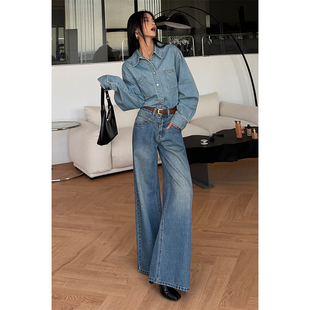 CIZZLEMORE 女 复古港风设计感水洗蓝色衬衣百搭松弛感牛仔衬衫